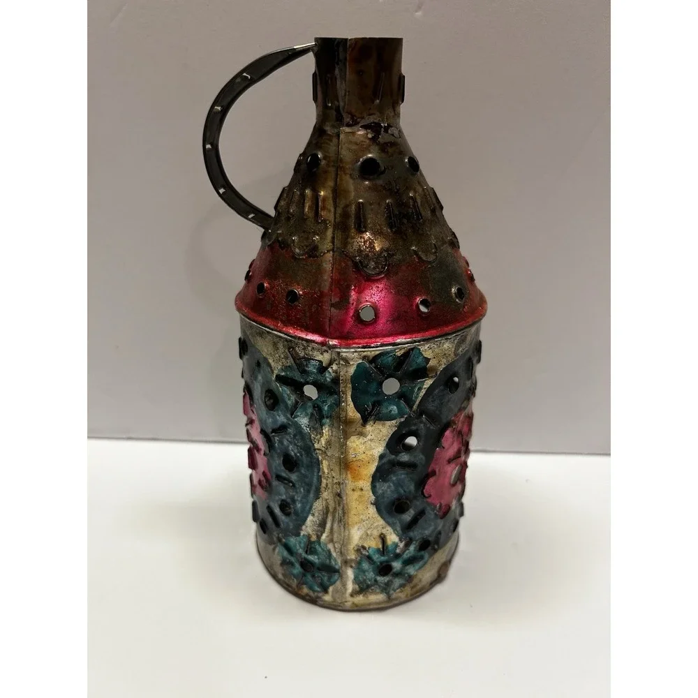 Vintage Handmade Mexican Punched Tin Lantern Luminary Folk Art Candle Holder